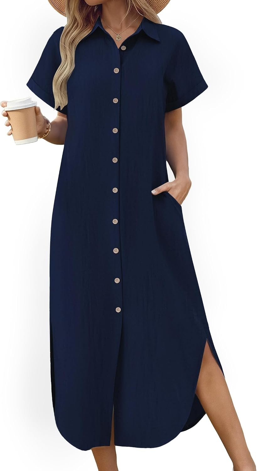 image:imageZeagoo Womens Dresses Casual Summer Short Sleeve Button Down Long Shirt Dresses Swimsuit Beach Cover Ups with Pockets01navy Blue
