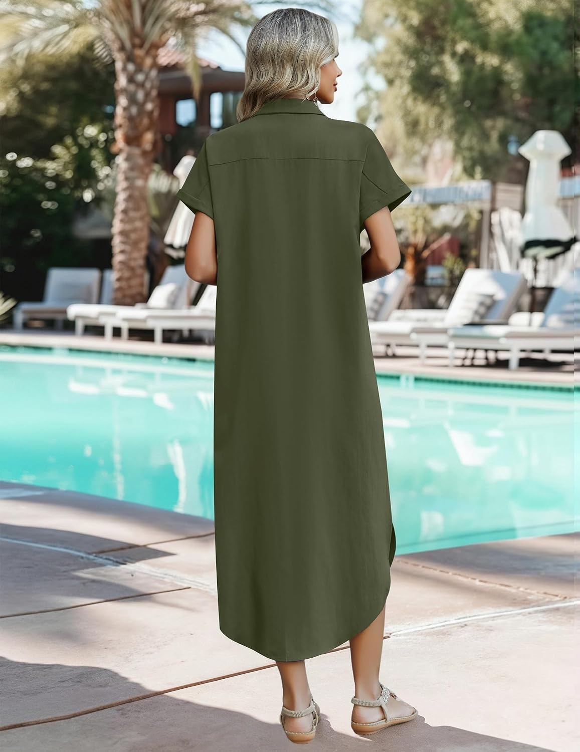 image:imageZeagoo Womens Dresses Casual Summer Short Sleeve Button Down Long Shirt Dresses Swimsuit Beach Cover Ups with PocketsArmy Green