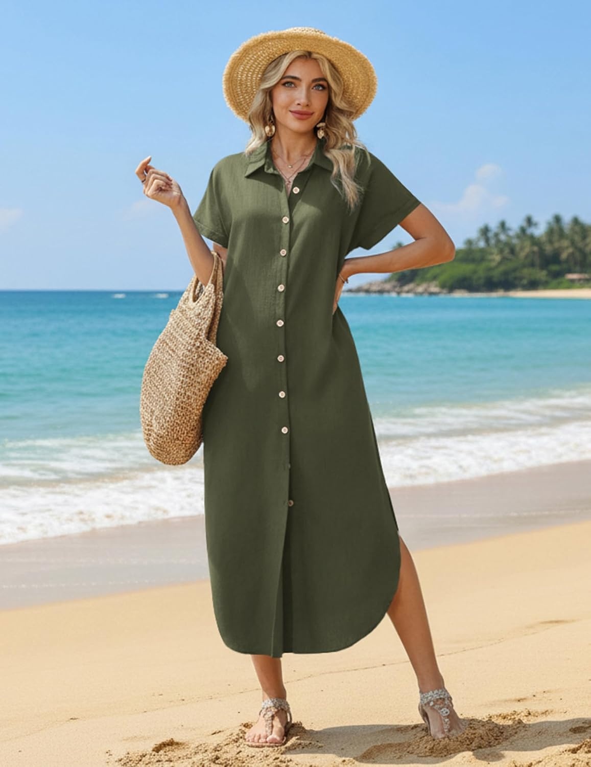 image:imageZeagoo Womens Dresses Casual Summer Short Sleeve Button Down Long Shirt Dresses Swimsuit Beach Cover Ups with PocketsArmy Green