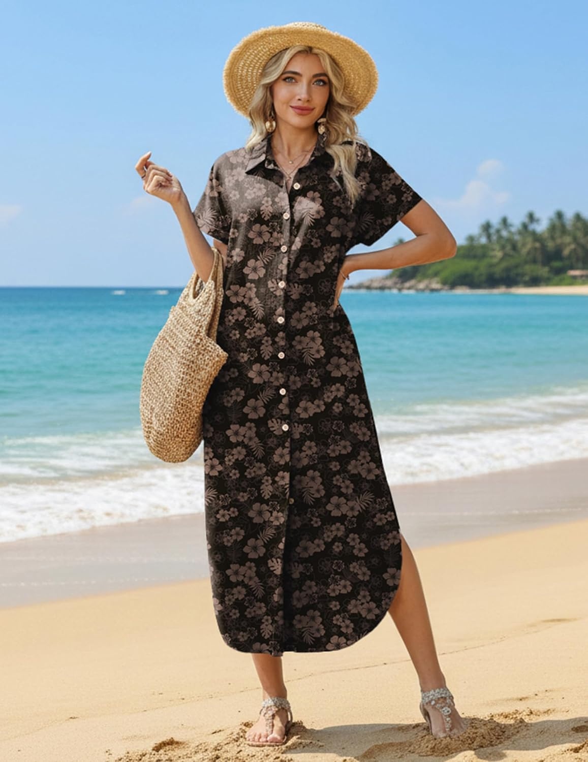 image:imageZeagoo Womens Dresses Casual Summer Short Sleeve Button Down Long Shirt Dresses Swimsuit Beach Cover Ups with PocketsBlack Floral
