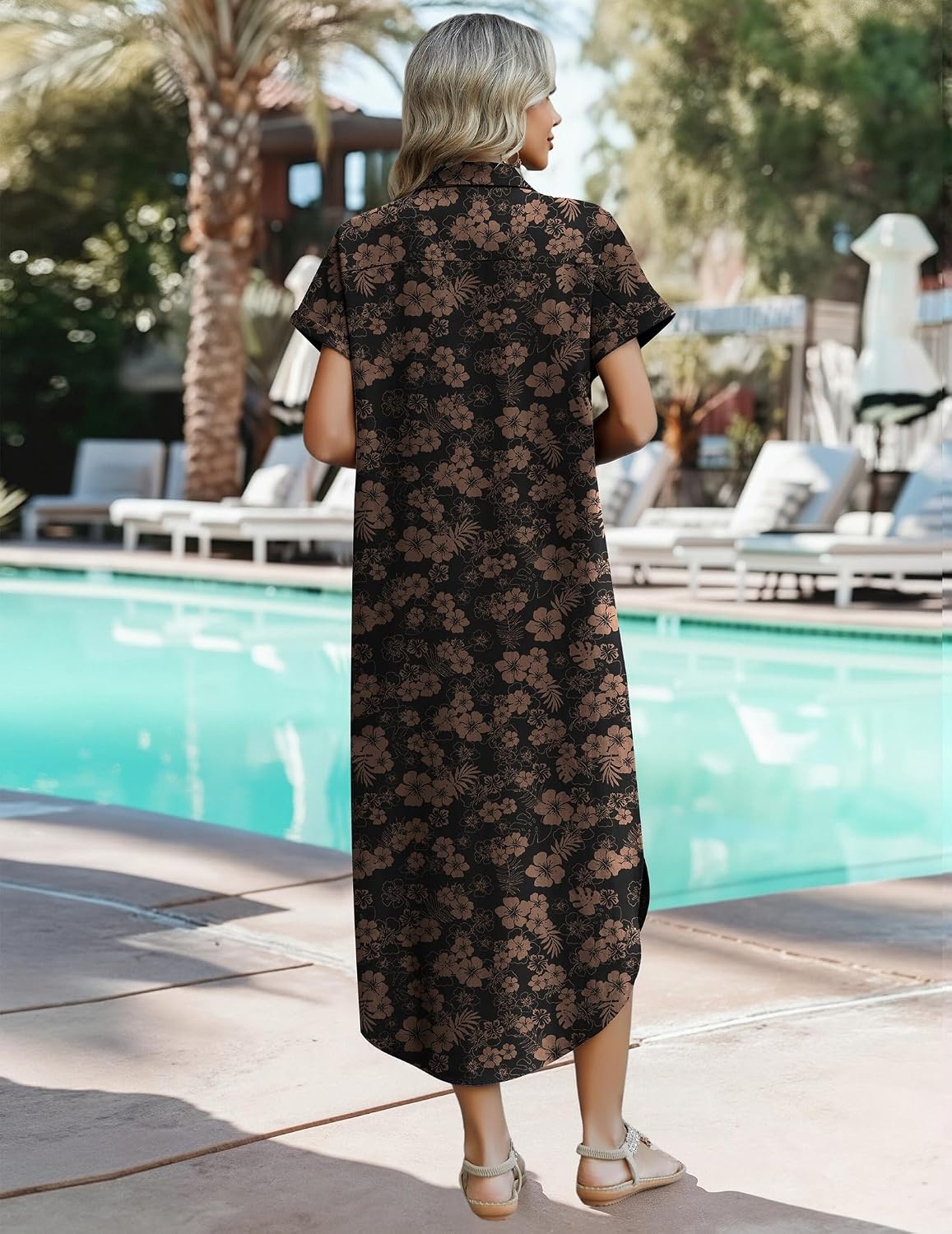 image:imageZeagoo Womens Dresses Casual Summer Short Sleeve Button Down Long Shirt Dresses Swimsuit Beach Cover Ups with PocketsBlack Floral