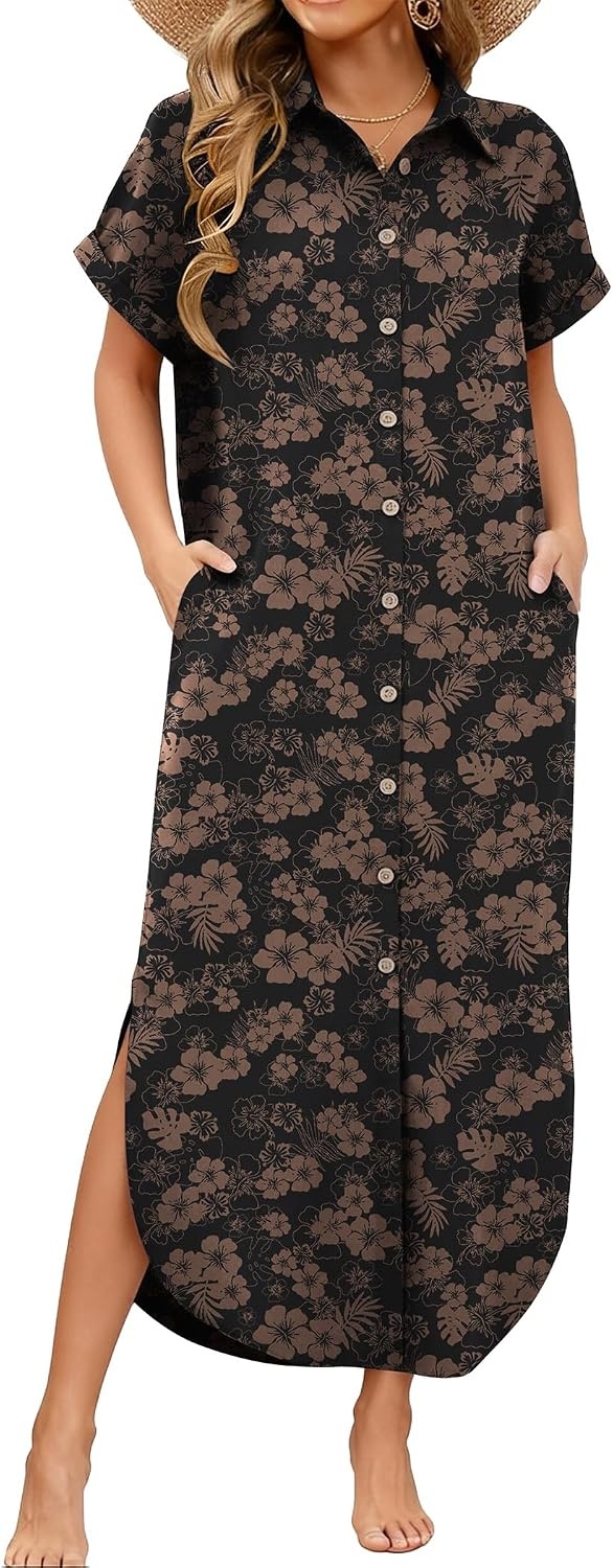image:imageZeagoo Womens Dresses Casual Summer Short Sleeve Button Down Long Shirt Dresses Swimsuit Beach Cover Ups with PocketsBlack Floral
