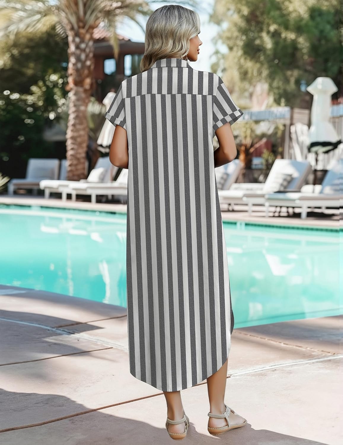 image:imageZeagoo Womens Dresses Casual Summer Short Sleeve Button Down Long Shirt Dresses Swimsuit Beach Cover Ups with PocketsBlack Wide Stripes