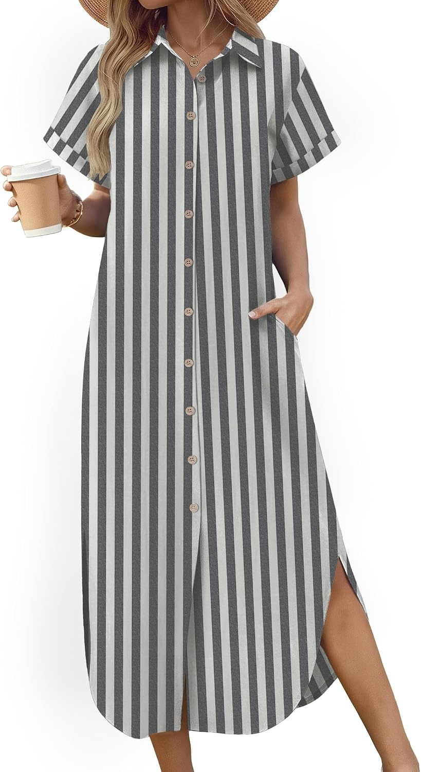 image:imageZeagoo Womens Dresses Casual Summer Short Sleeve Button Down Long Shirt Dresses Swimsuit Beach Cover Ups with PocketsBlack Wide Stripes