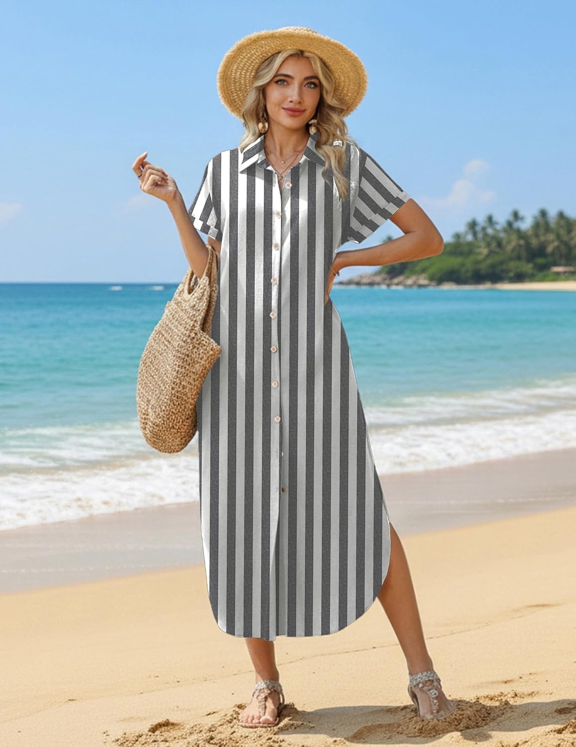 image:imageZeagoo Womens Dresses Casual Summer Short Sleeve Button Down Long Shirt Dresses Swimsuit Beach Cover Ups with PocketsBlack Wide Stripes