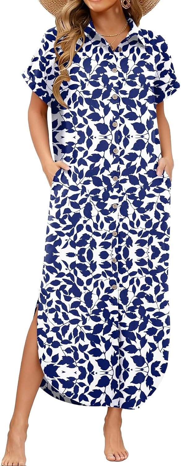 image:imageZeagoo Womens Dresses Casual Summer Short Sleeve Button Down Long Shirt Dresses Swimsuit Beach Cover Ups with PocketsBlue Floral