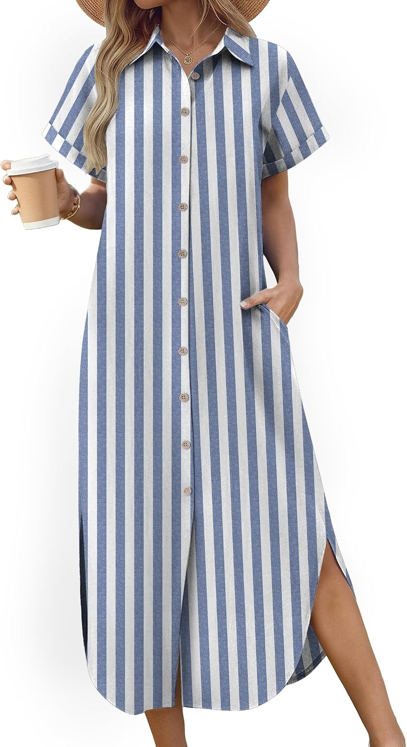 image:imageZeagoo Womens Dresses Casual Summer Short Sleeve Button Down Long Shirt Dresses Swimsuit Beach Cover Ups with PocketsBlue Wide Stripes