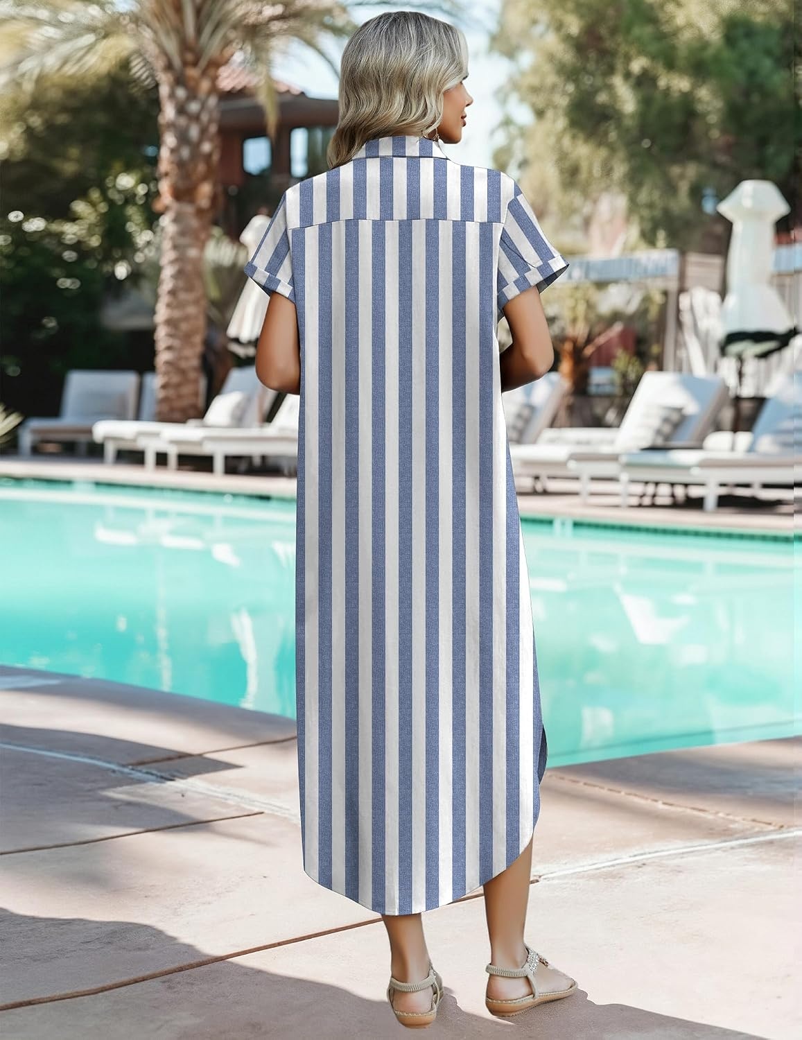 image:imageZeagoo Womens Dresses Casual Summer Short Sleeve Button Down Long Shirt Dresses Swimsuit Beach Cover Ups with PocketsBlue Wide Stripes