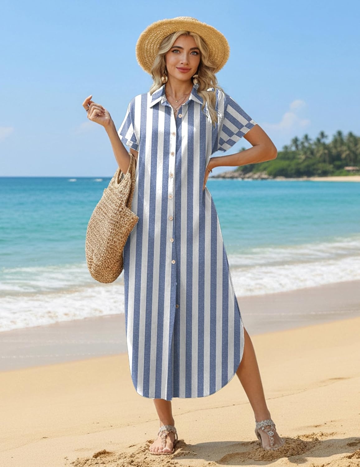 image:imageZeagoo Womens Dresses Casual Summer Short Sleeve Button Down Long Shirt Dresses Swimsuit Beach Cover Ups with PocketsBlue Wide Stripes
