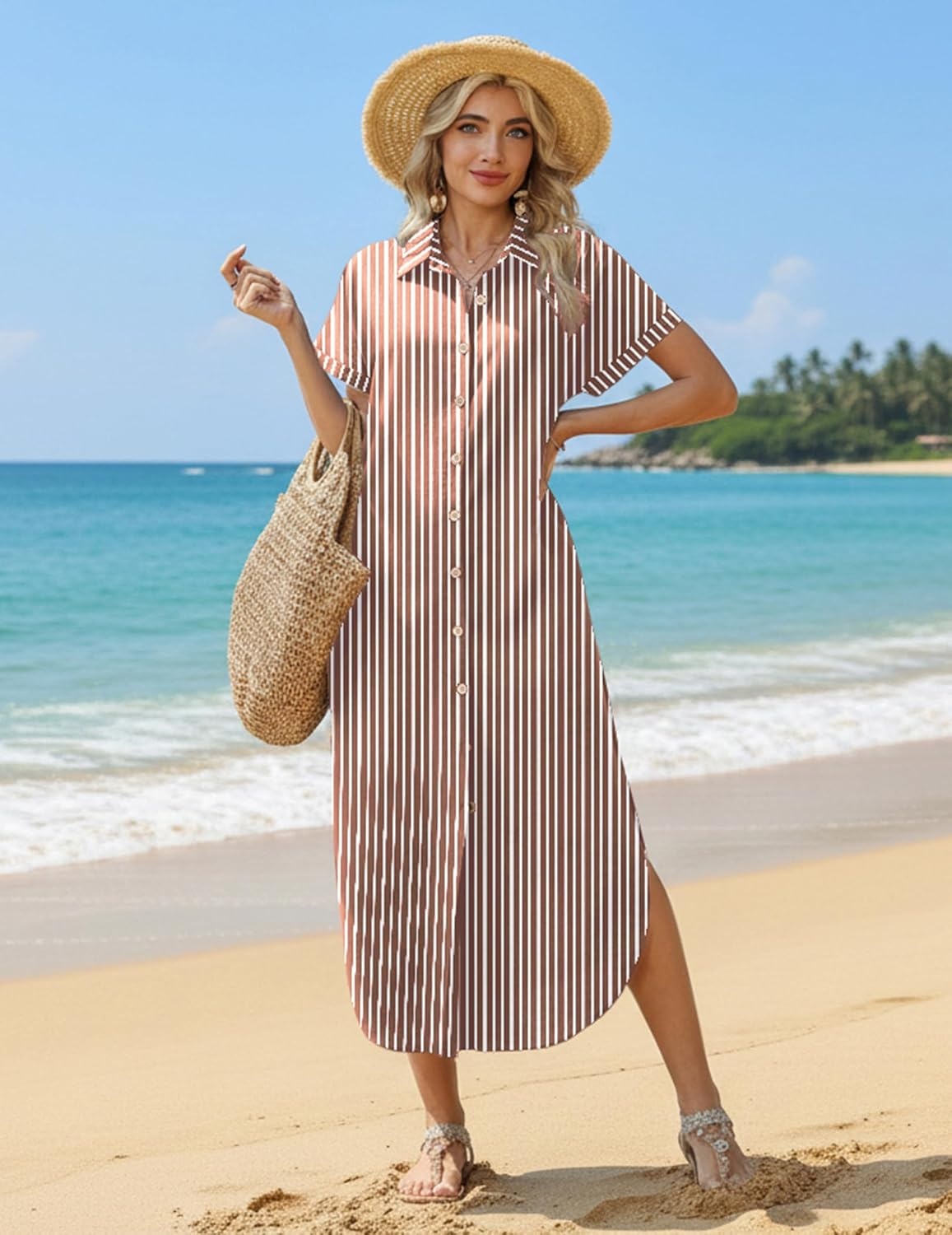 image:imageZeagoo Womens Dresses Casual Summer Short Sleeve Button Down Long Shirt Dresses Swimsuit Beach Cover Ups with PocketsBrown Stripe