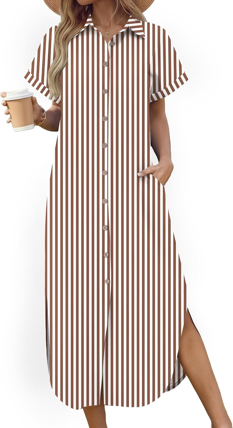 image:imageZeagoo Womens Dresses Casual Summer Short Sleeve Button Down Long Shirt Dresses Swimsuit Beach Cover Ups with PocketsBrown Stripe