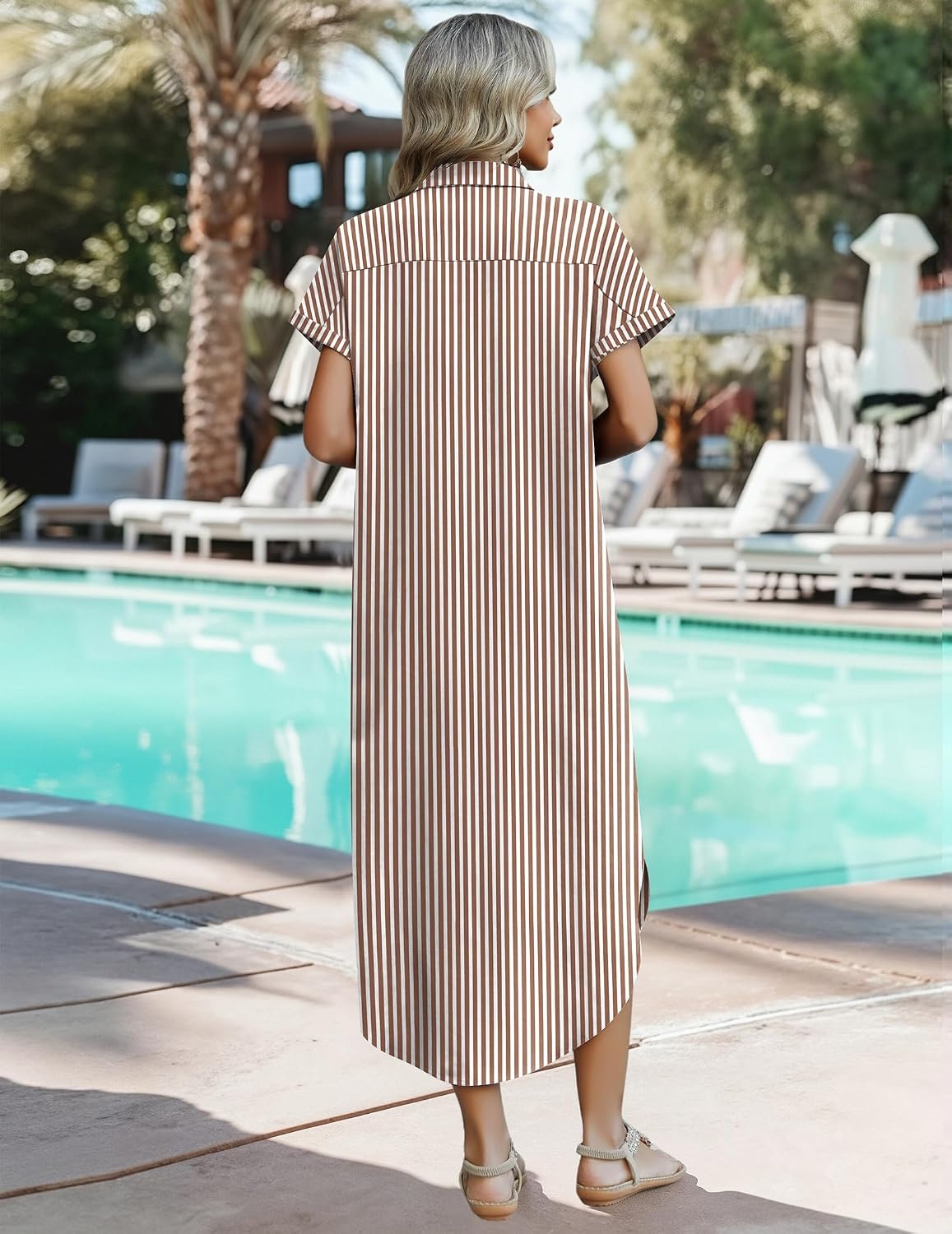 image:imageZeagoo Womens Dresses Casual Summer Short Sleeve Button Down Long Shirt Dresses Swimsuit Beach Cover Ups with PocketsBrown Stripe