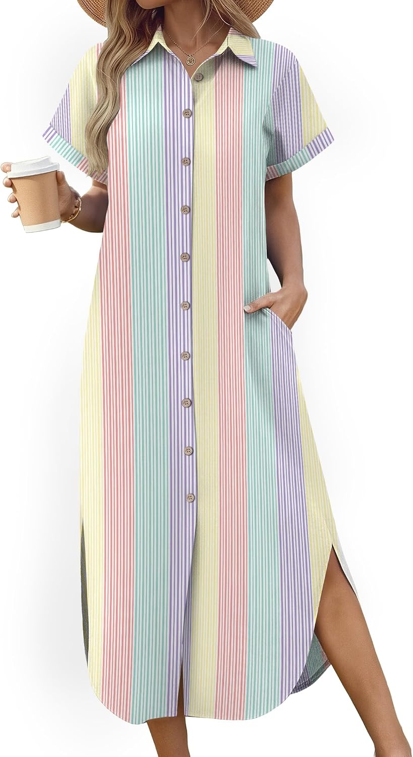 image:imageZeagoo Womens Dresses Casual Summer Short Sleeve Button Down Long Shirt Dresses Swimsuit Beach Cover Ups with PocketsColor Stripe