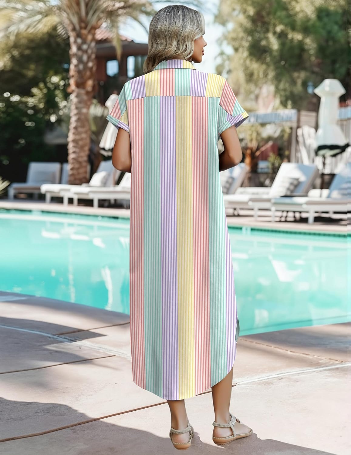 image:imageZeagoo Womens Dresses Casual Summer Short Sleeve Button Down Long Shirt Dresses Swimsuit Beach Cover Ups with PocketsColor Stripe