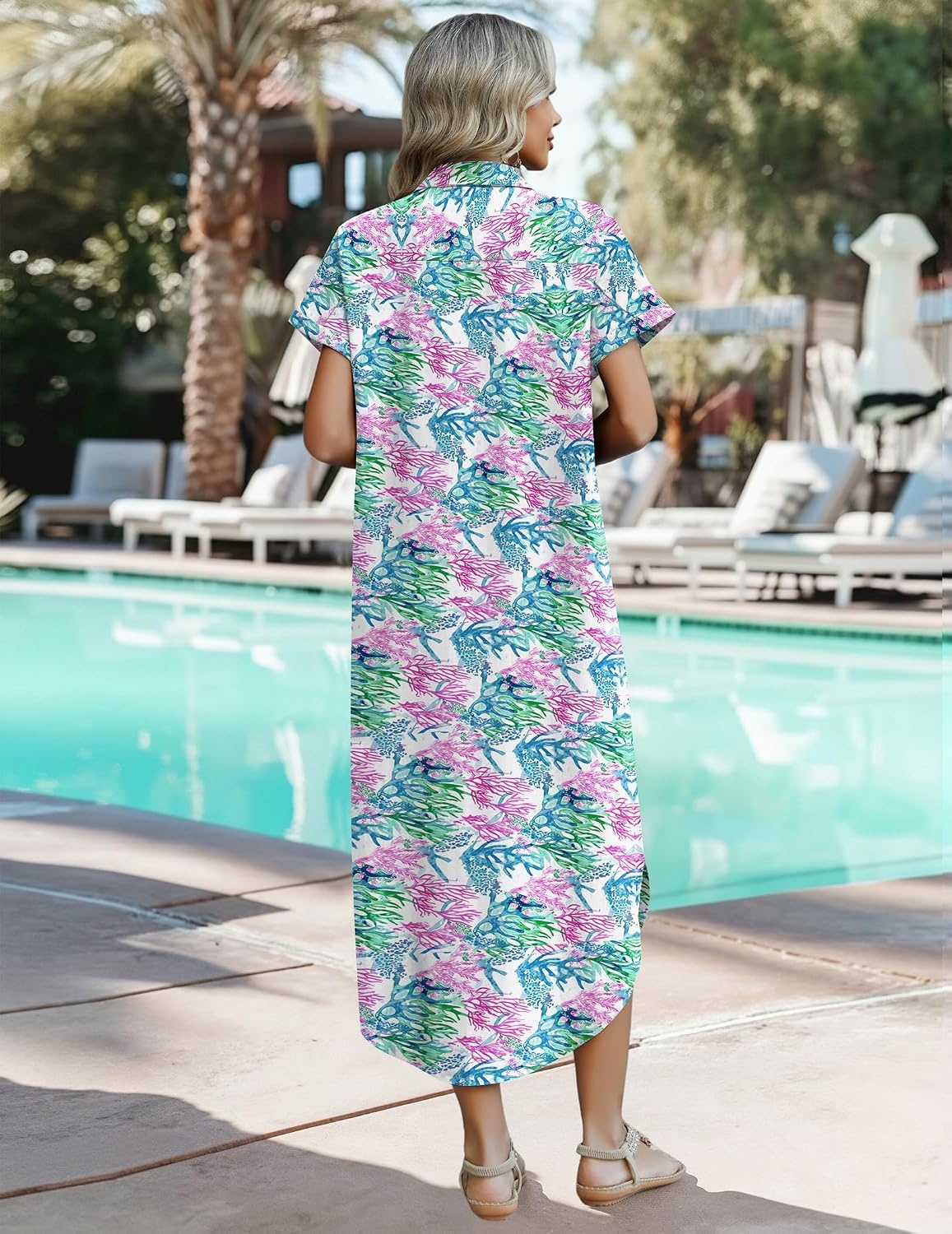 image:imageZeagoo Womens Dresses Casual Summer Short Sleeve Button Down Long Shirt Dresses Swimsuit Beach Cover Ups with PocketsCoral Floral