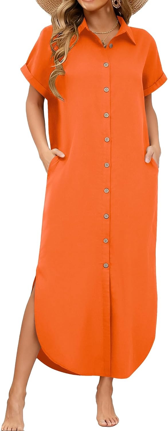 image:imageZeagoo Womens Dresses Casual Summer Short Sleeve Button Down Long Shirt Dresses Swimsuit Beach Cover Ups with PocketsOrange