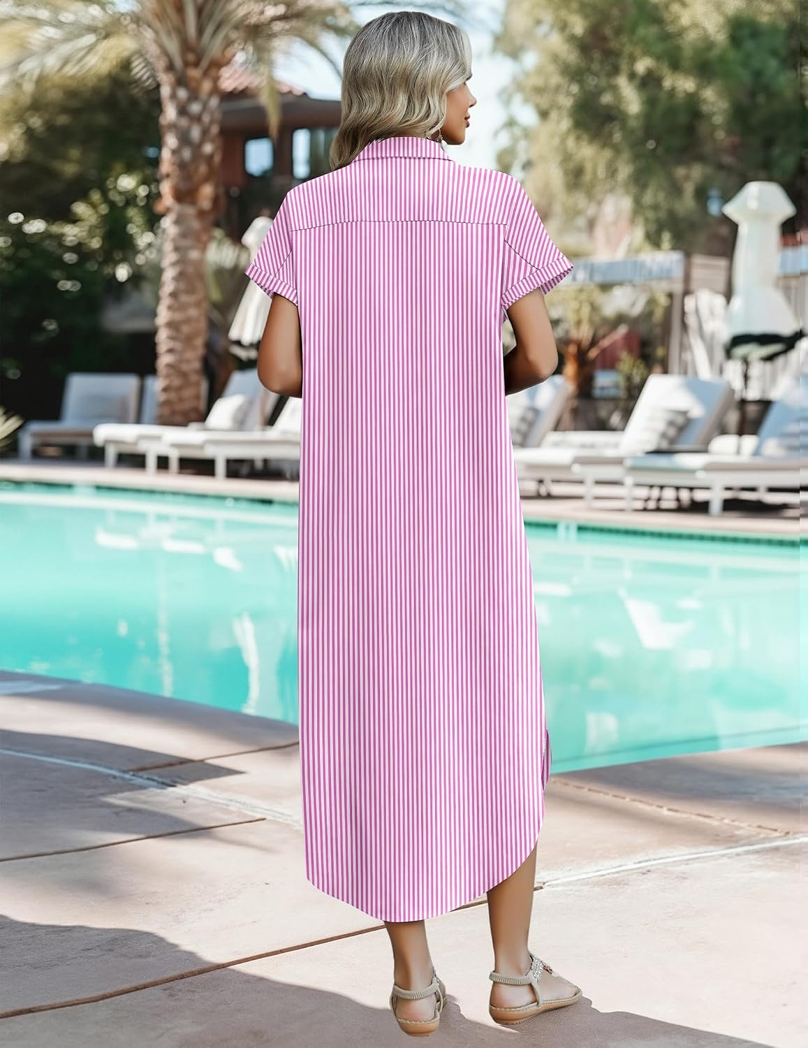 image:imageZeagoo Womens Dresses Casual Summer Short Sleeve Button Down Long Shirt Dresses Swimsuit Beach Cover Ups with PocketsPink Stripe