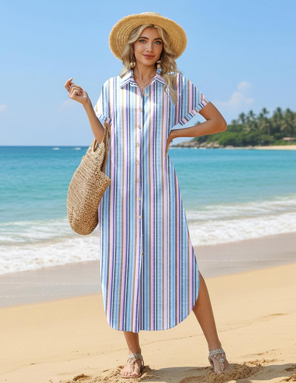 image:imageZeagoo Womens Dresses Casual Summer Short Sleeve Button Down Long Shirt Dresses Swimsuit Beach Cover Ups with PocketsPinkblue
