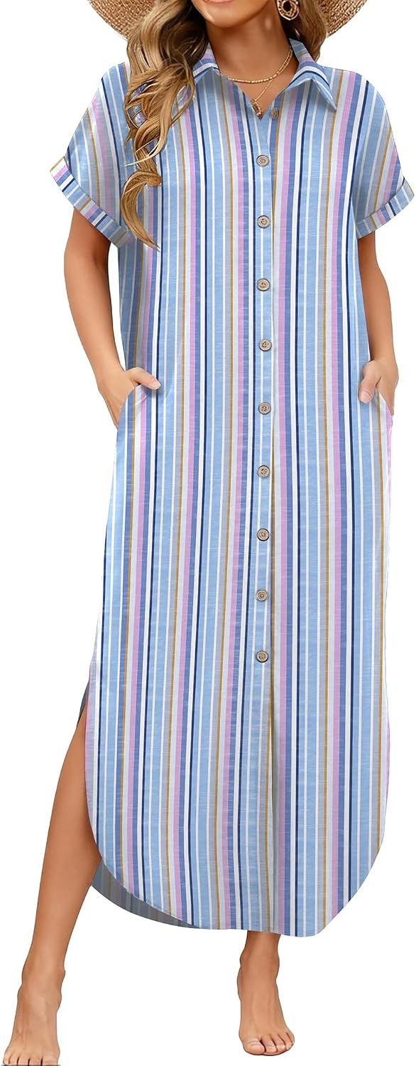 image:imageZeagoo Womens Dresses Casual Summer Short Sleeve Button Down Long Shirt Dresses Swimsuit Beach Cover Ups with PocketsPinkblue