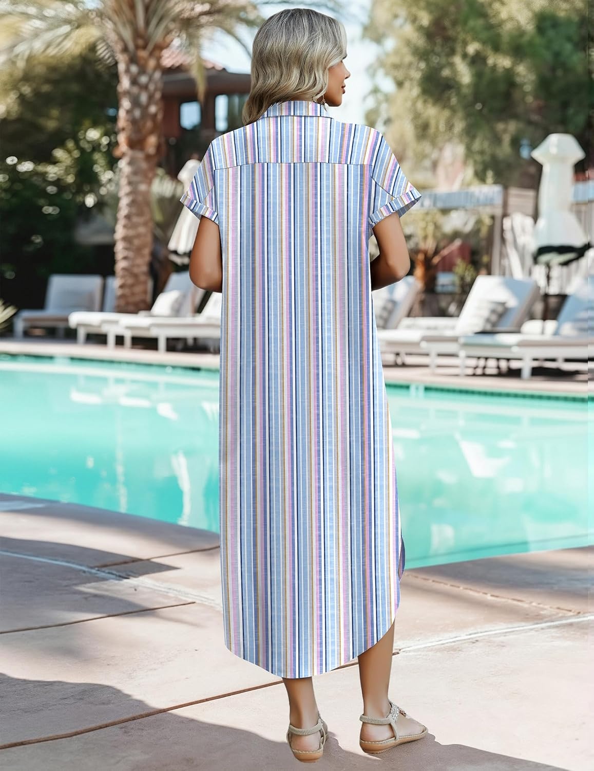 image:imageZeagoo Womens Dresses Casual Summer Short Sleeve Button Down Long Shirt Dresses Swimsuit Beach Cover Ups with PocketsPinkblue