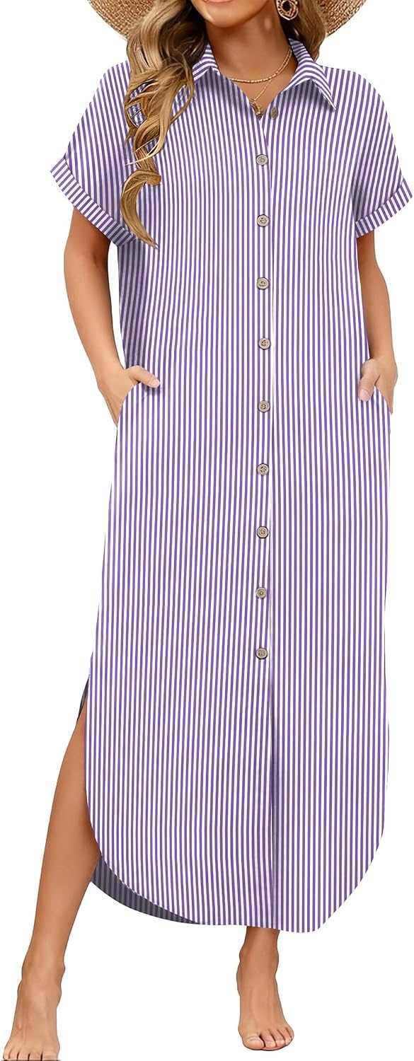 image:imageZeagoo Womens Dresses Casual Summer Short Sleeve Button Down Long Shirt Dresses Swimsuit Beach Cover Ups with PocketsPurple Stripe