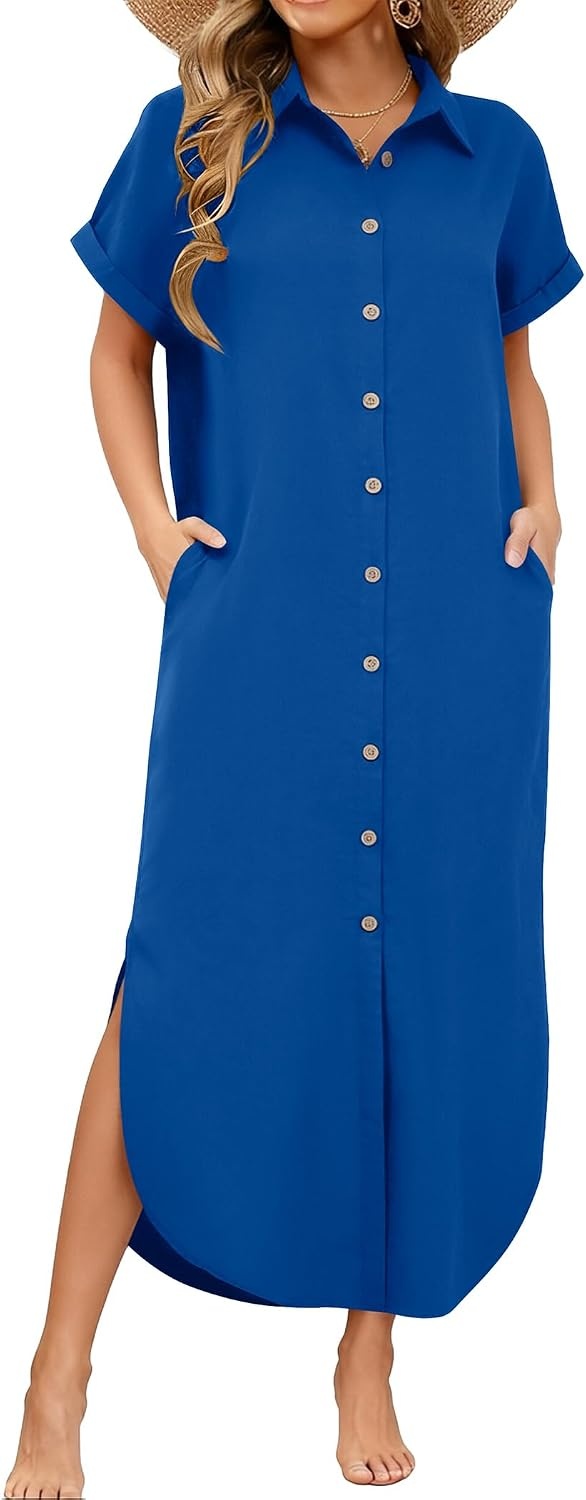 image:imageZeagoo Womens Dresses Casual Summer Short Sleeve Button Down Long Shirt Dresses Swimsuit Beach Cover Ups with PocketsRoyal Blue