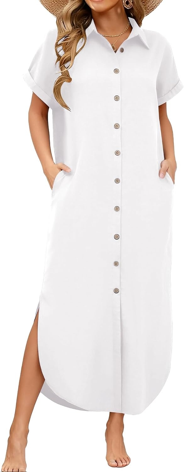 image:imageZeagoo Womens Dresses Casual Summer Short Sleeve Button Down Long Shirt Dresses Swimsuit Beach Cover Ups with PocketsWhite