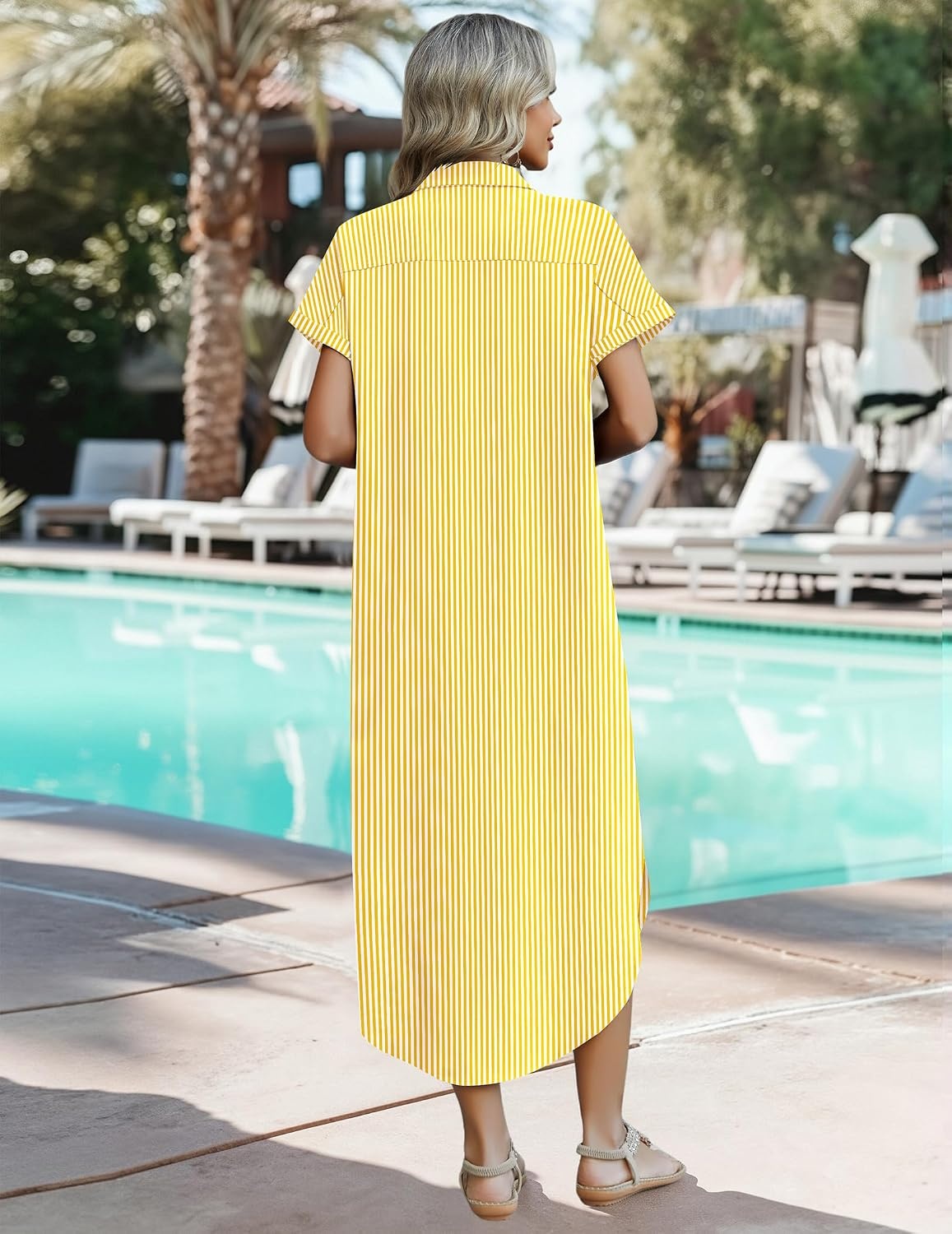 image:imageZeagoo Womens Dresses Casual Summer Short Sleeve Button Down Long Shirt Dresses Swimsuit Beach Cover Ups with PocketsYellow Stripe