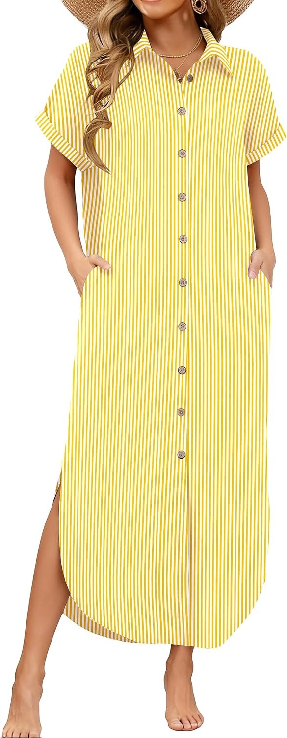 image:imageZeagoo Womens Dresses Casual Summer Short Sleeve Button Down Long Shirt Dresses Swimsuit Beach Cover Ups with PocketsYellow Stripe