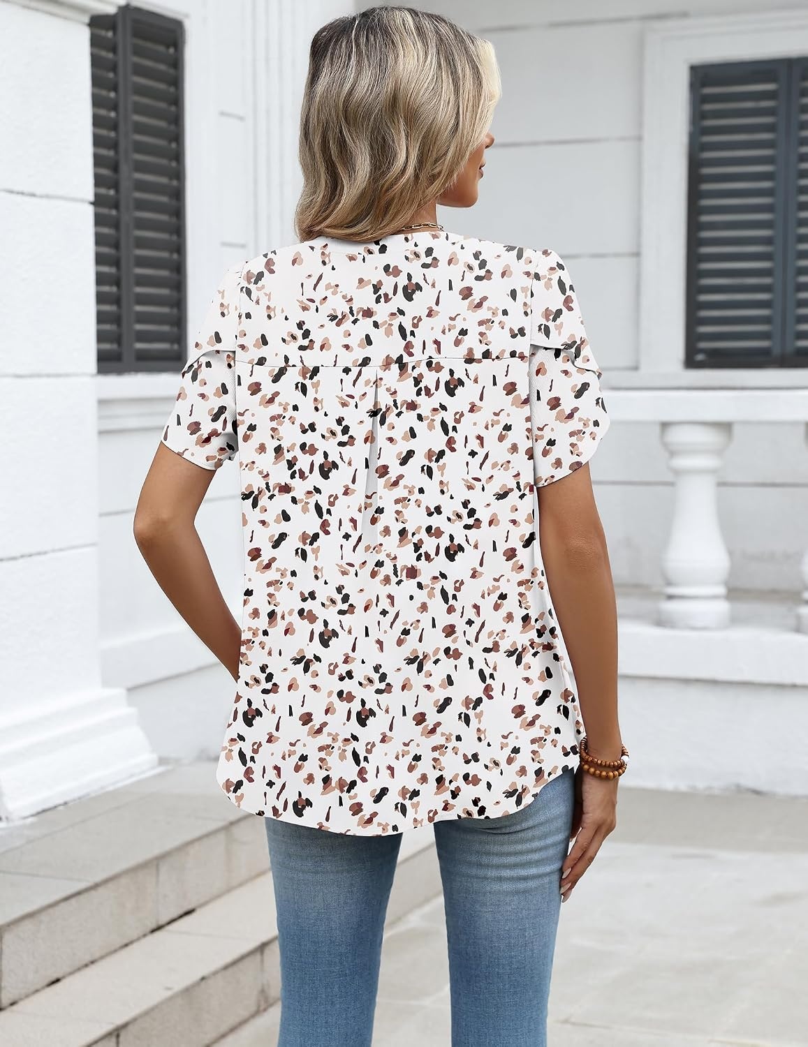 image:imageZeagoo Womens Dressy Casual Chffon Shirts Short Sleeve V Neck Work BlouseBeige Print