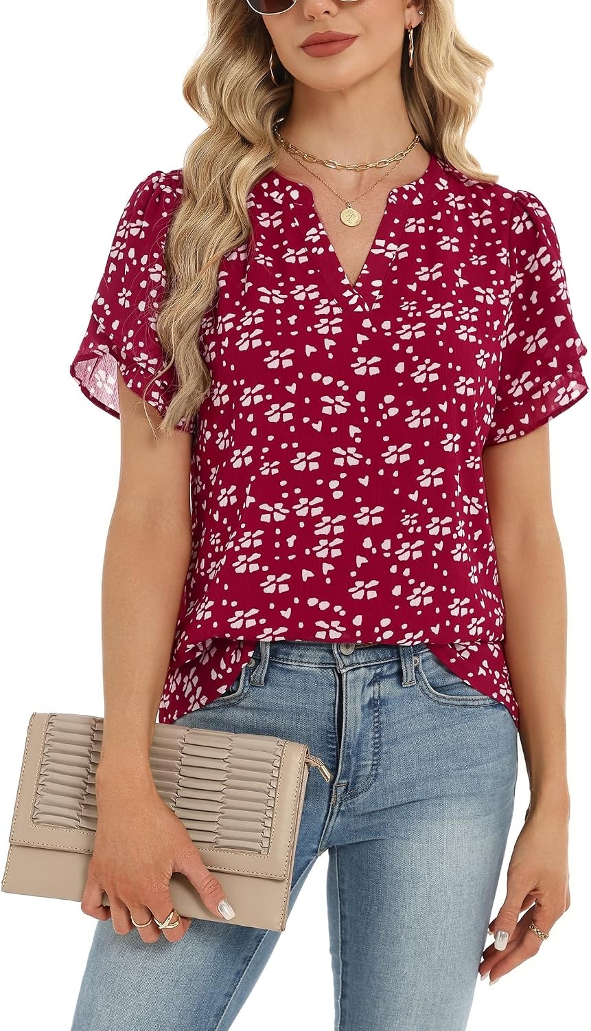 image:imageZeagoo Womens Dressy Casual Chffon Shirts Short Sleeve V Neck Work BlouseBerryflake