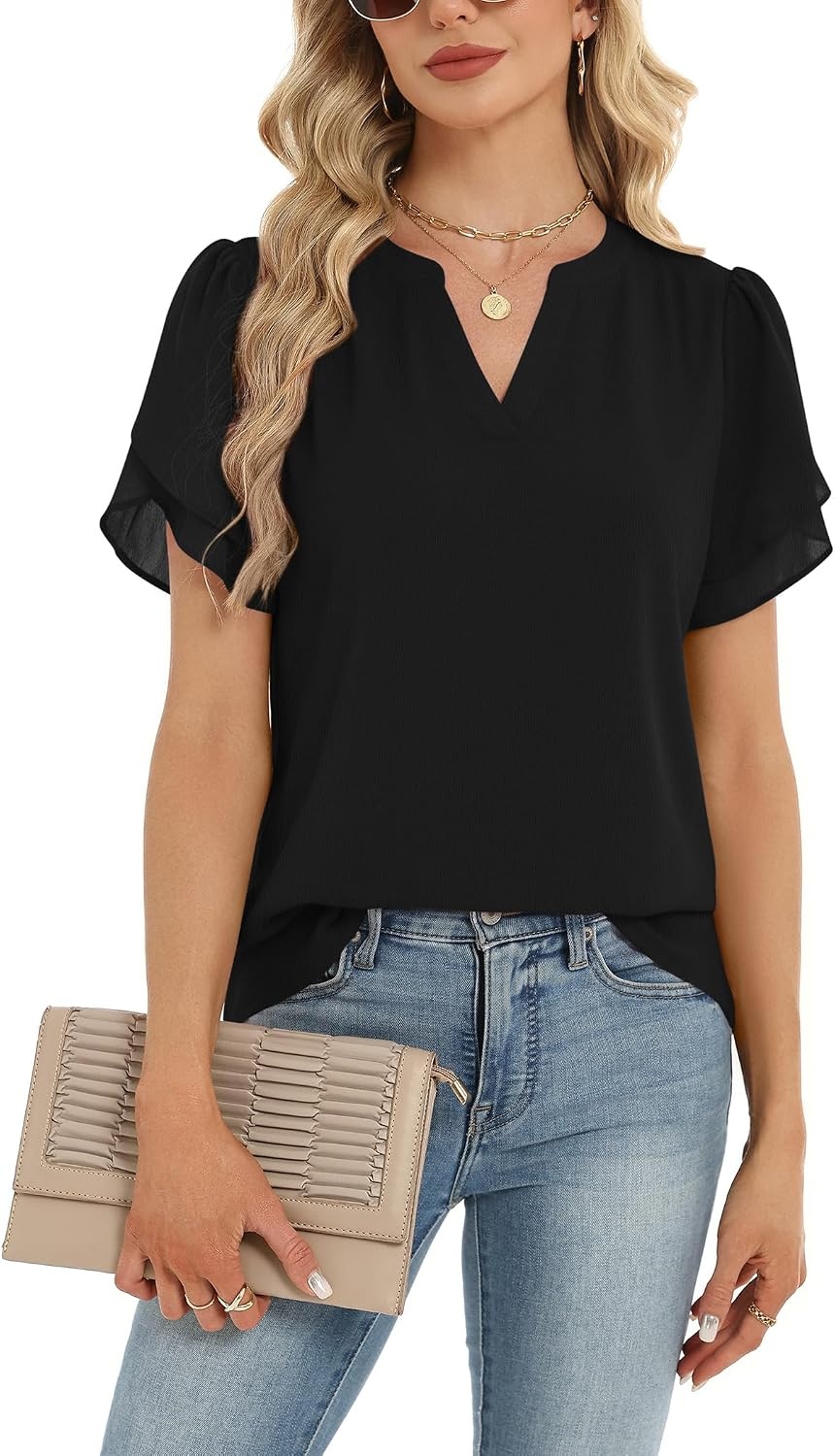 image:imageZeagoo Womens Dressy Casual Chffon Shirts Short Sleeve V Neck Work BlouseBlack