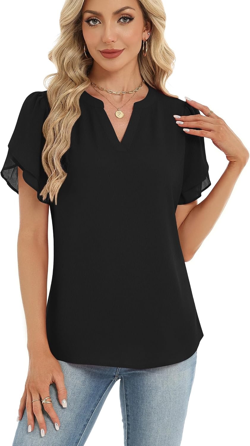 image:imageZeagoo Womens Dressy Casual Chffon Shirts Short Sleeve V Neck Work BlouseBlack