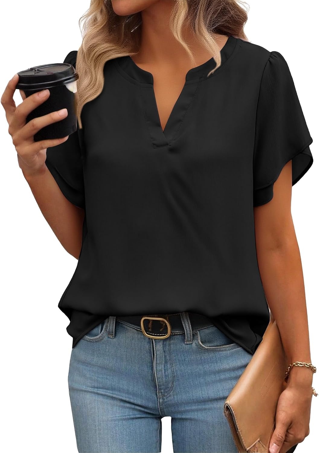 image:imageZeagoo Womens Dressy Casual Chffon Shirts Short Sleeve V Neck Work BlouseBlack