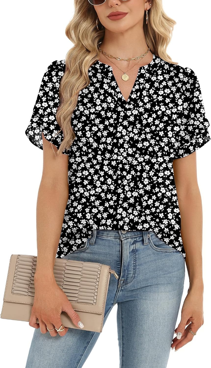 image:imageZeagoo Womens Dressy Casual Chffon Shirts Short Sleeve V Neck Work BlouseBlack Floral