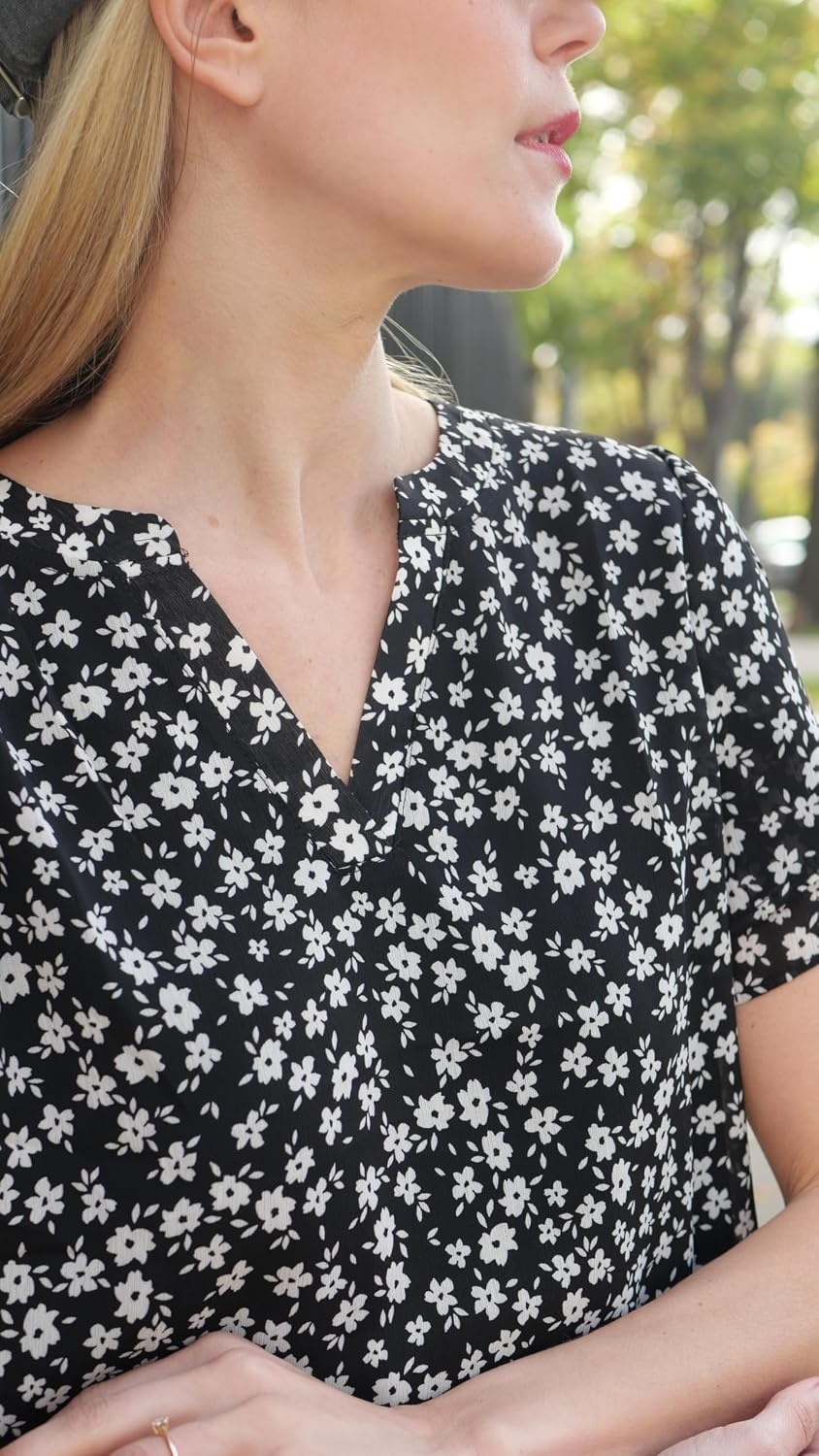 image:imageZeagoo Womens Dressy Casual Chffon Shirts Short Sleeve V Neck Work BlouseBlack Floral