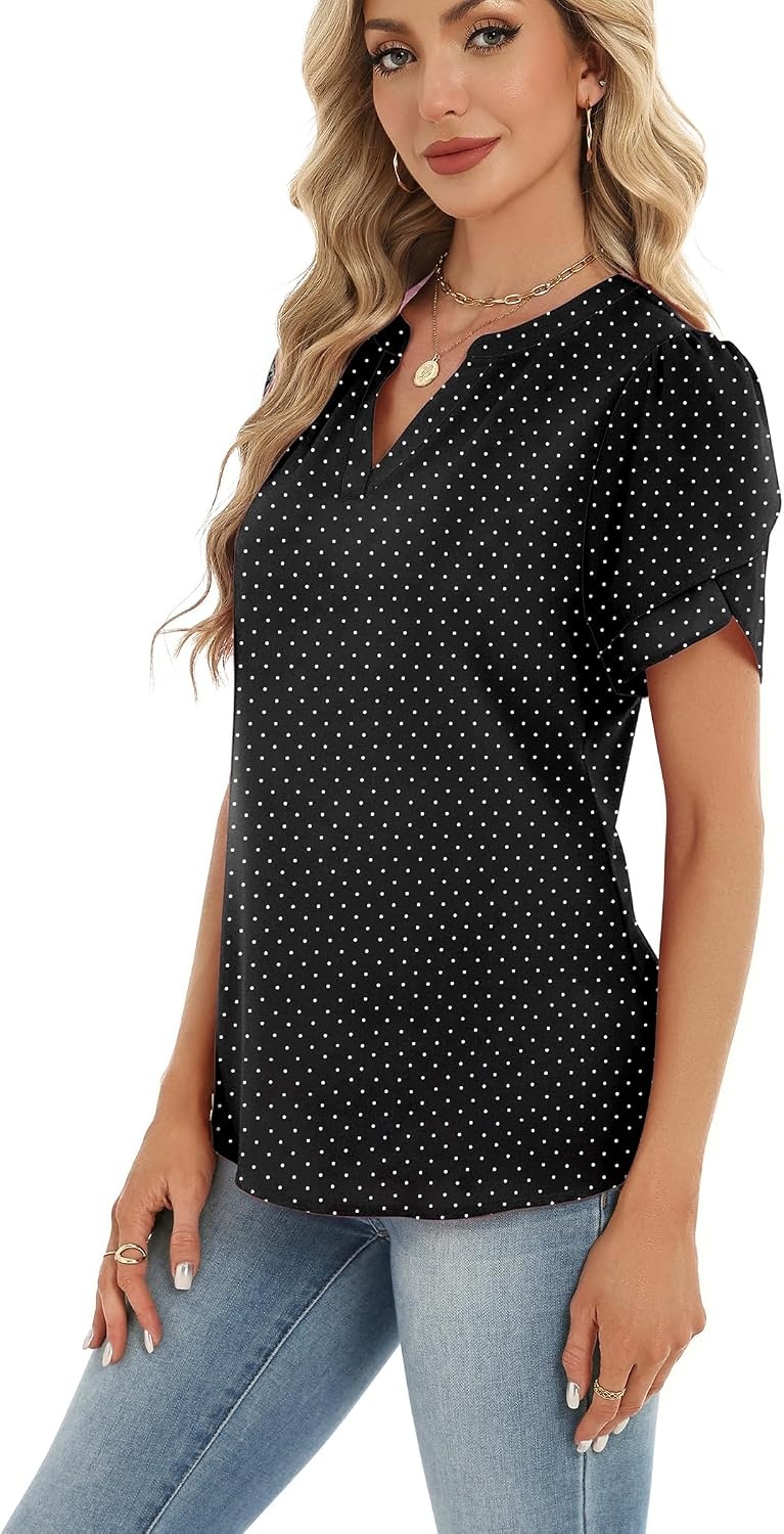 image:imageZeagoo Womens Dressy Casual Chffon Shirts Short Sleeve V Neck Work BlouseBlack Polka Dots