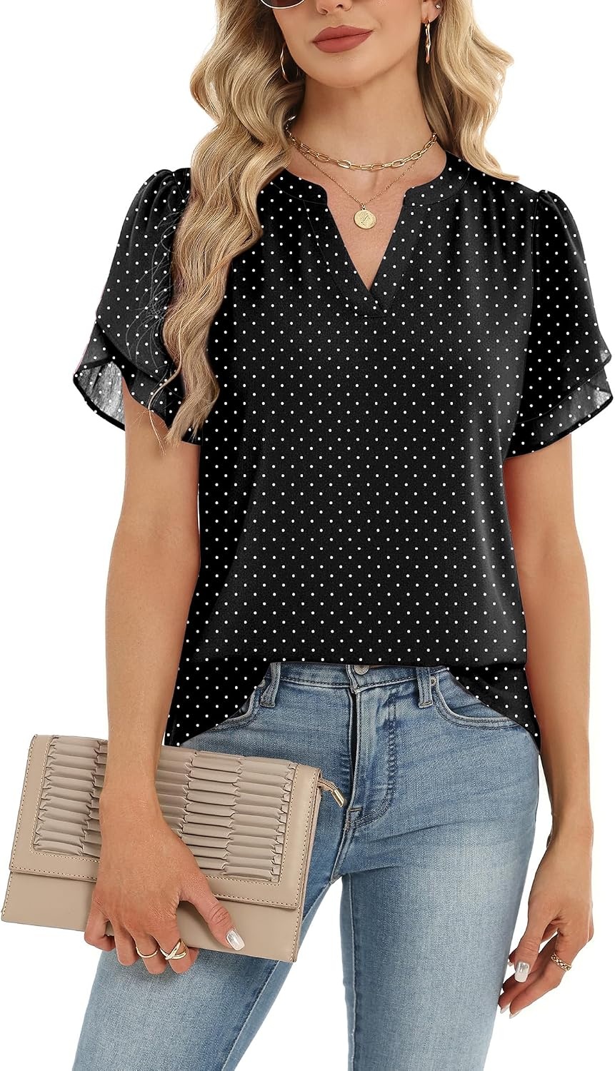 image:imageZeagoo Womens Dressy Casual Chffon Shirts Short Sleeve V Neck Work BlouseBlack Polka Dots