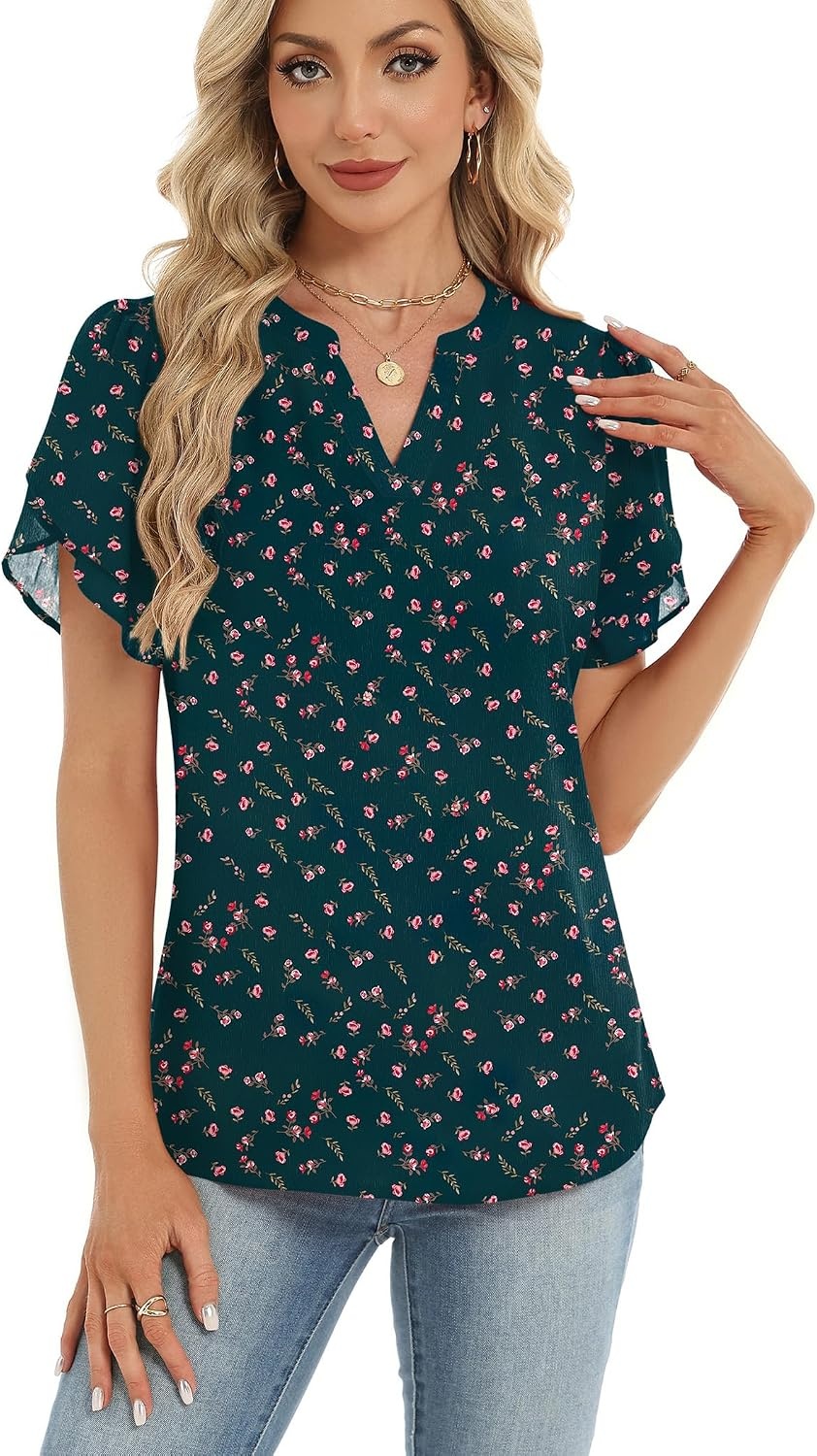 image:imageZeagoo Womens Dressy Casual Chffon Shirts Short Sleeve V Neck Work BlouseDark Green Floral