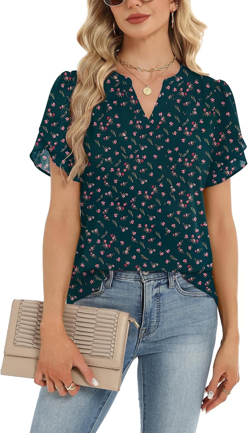 image:imageZeagoo Womens Dressy Casual Chffon Shirts Short Sleeve V Neck Work BlouseDark Green Floral