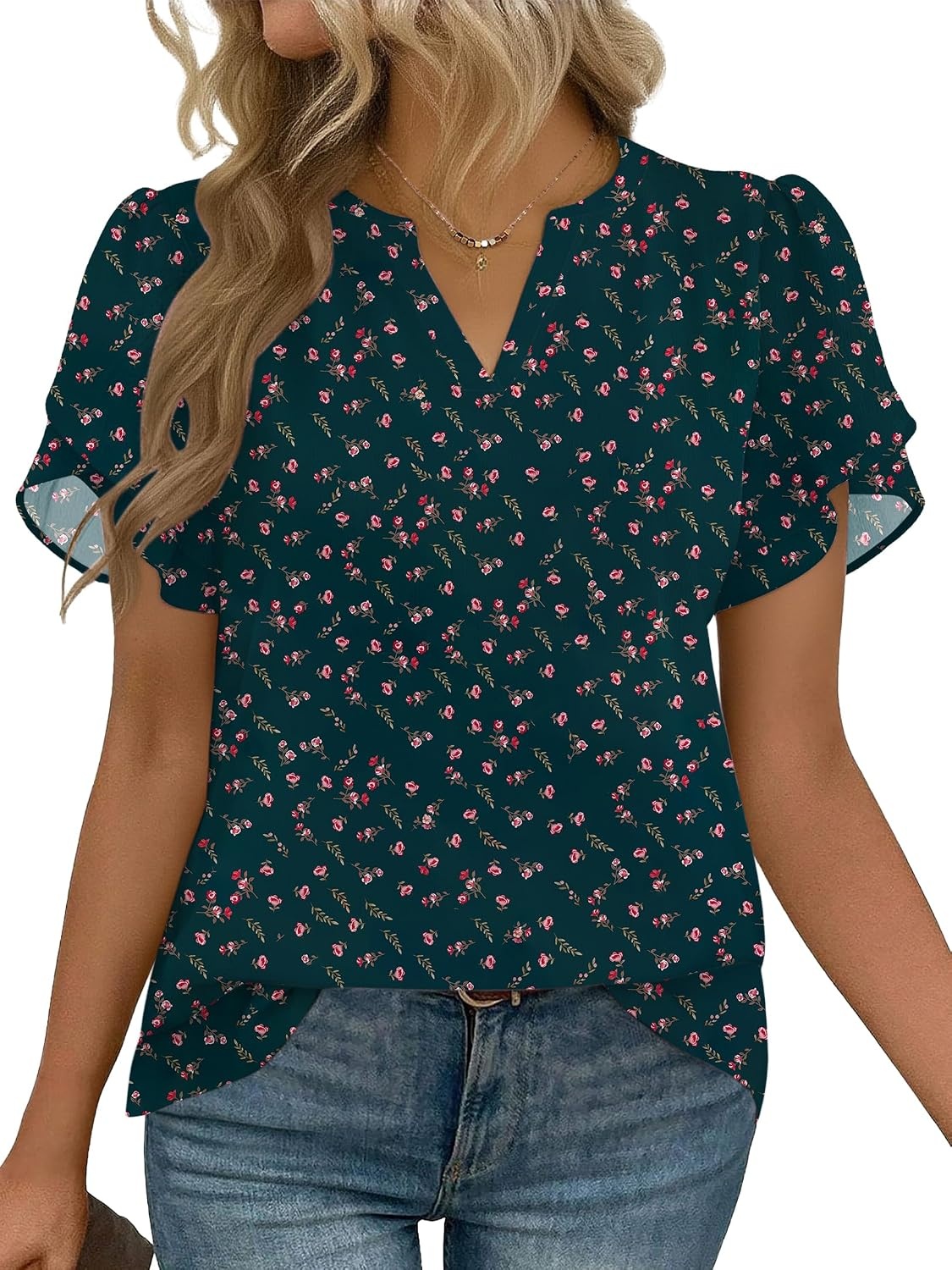 image:imageZeagoo Womens Dressy Casual Chffon Shirts Short Sleeve V Neck Work BlouseDark Green Floral
