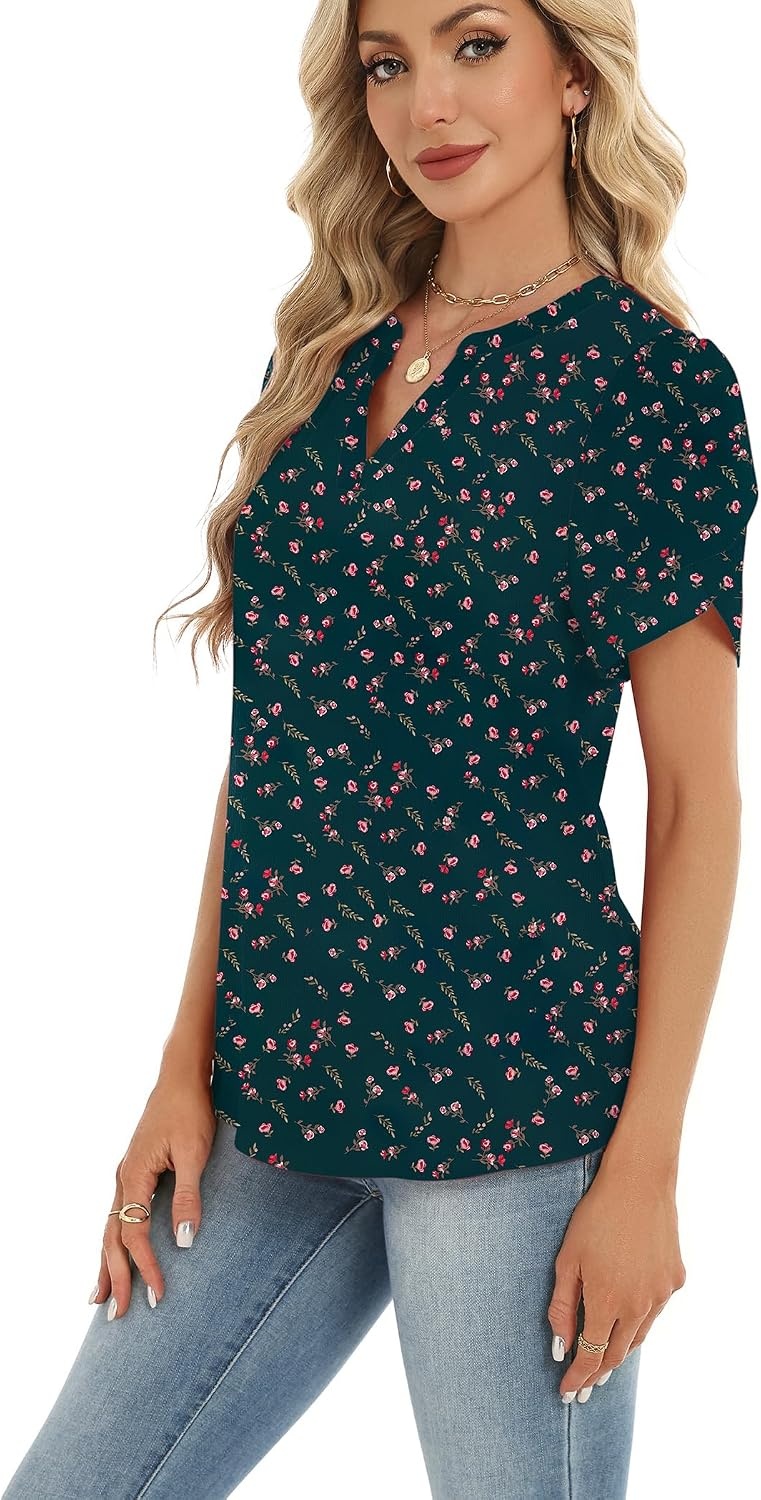 image:imageZeagoo Womens Dressy Casual Chffon Shirts Short Sleeve V Neck Work BlouseDark Green Floral