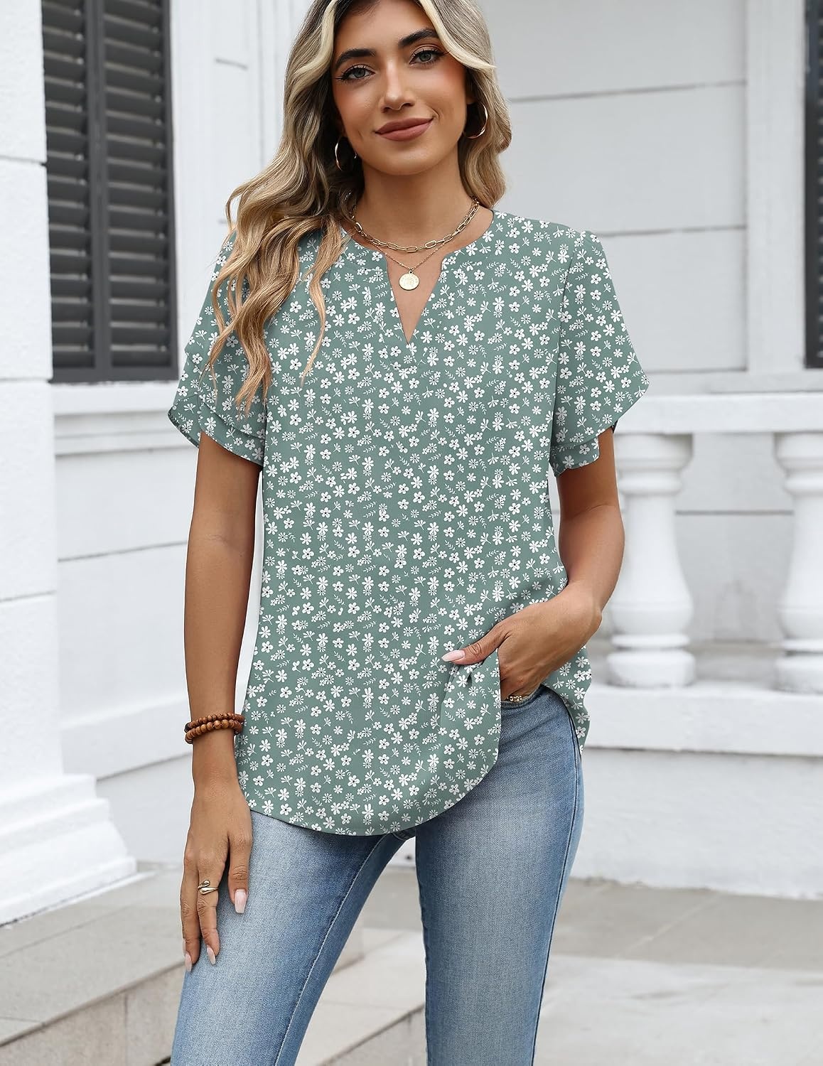 image:imageZeagoo Womens Dressy Casual Chffon Shirts Short Sleeve V Neck Work BlouseGreen Floral
