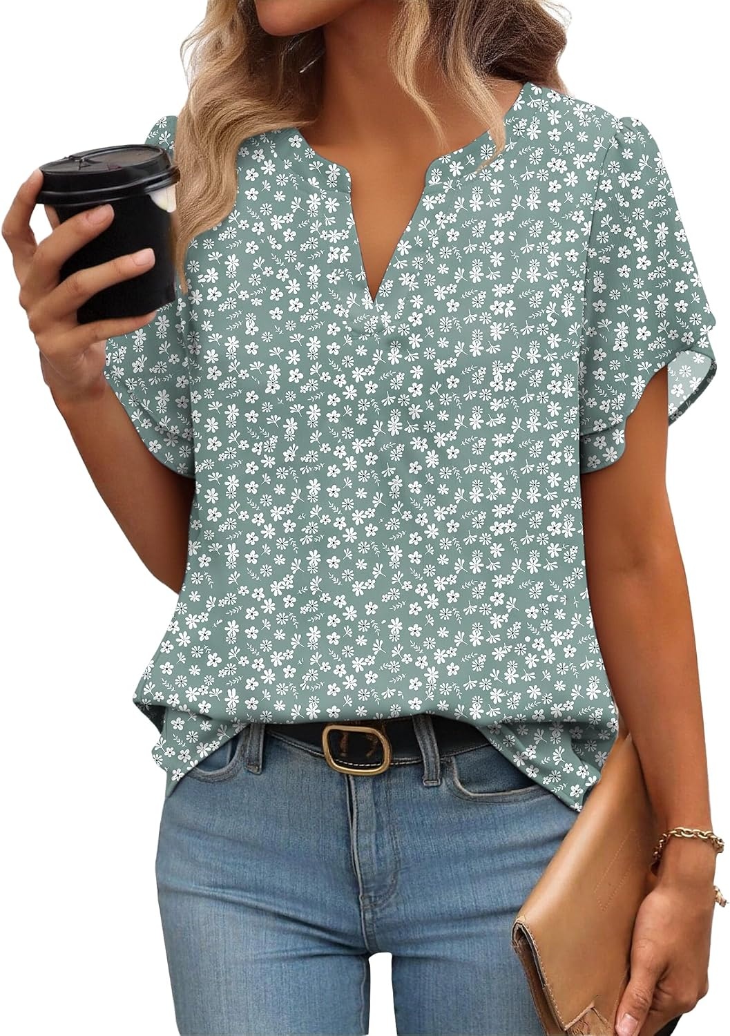 image:imageZeagoo Womens Dressy Casual Chffon Shirts Short Sleeve V Neck Work BlouseGreen Floral
