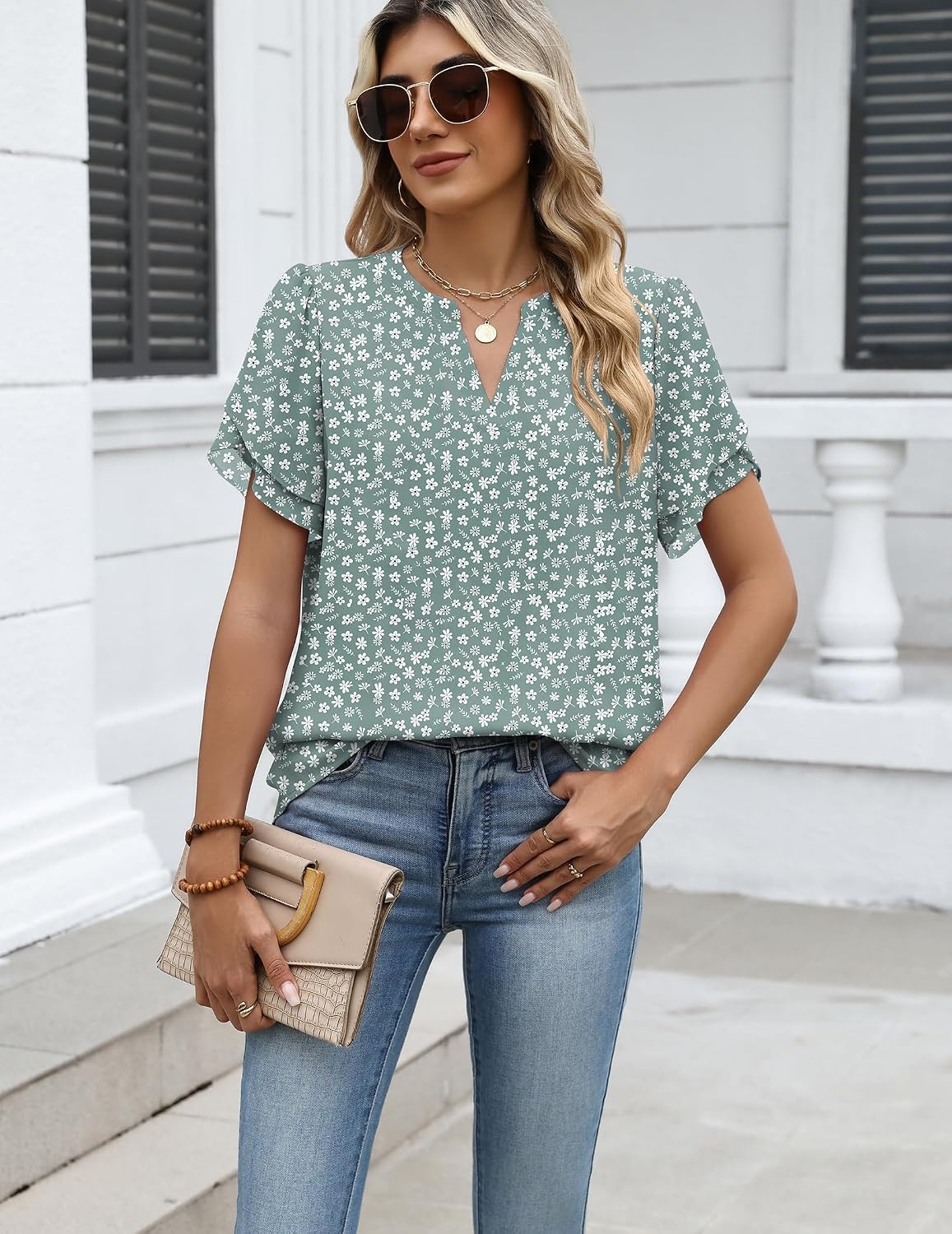 image:imageZeagoo Womens Dressy Casual Chffon Shirts Short Sleeve V Neck Work BlouseGreen Floral