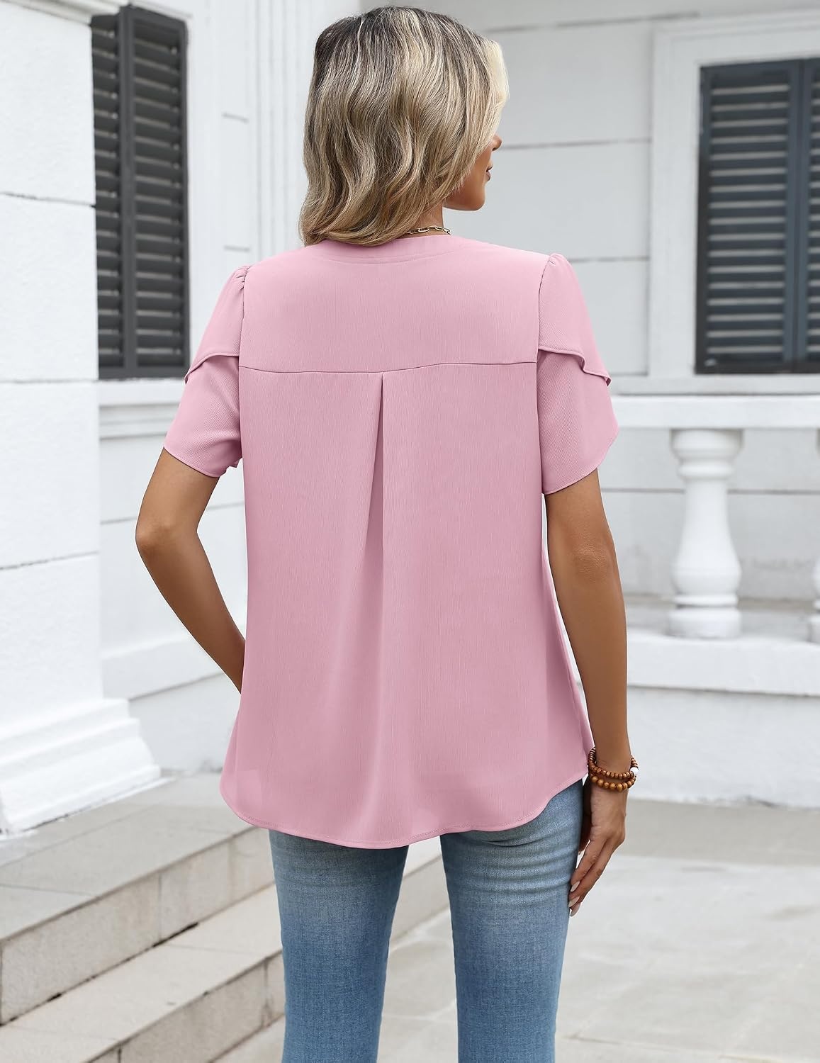 image:imageZeagoo Womens Dressy Casual Chffon Shirts Short Sleeve V Neck Work BlouseLight Pink