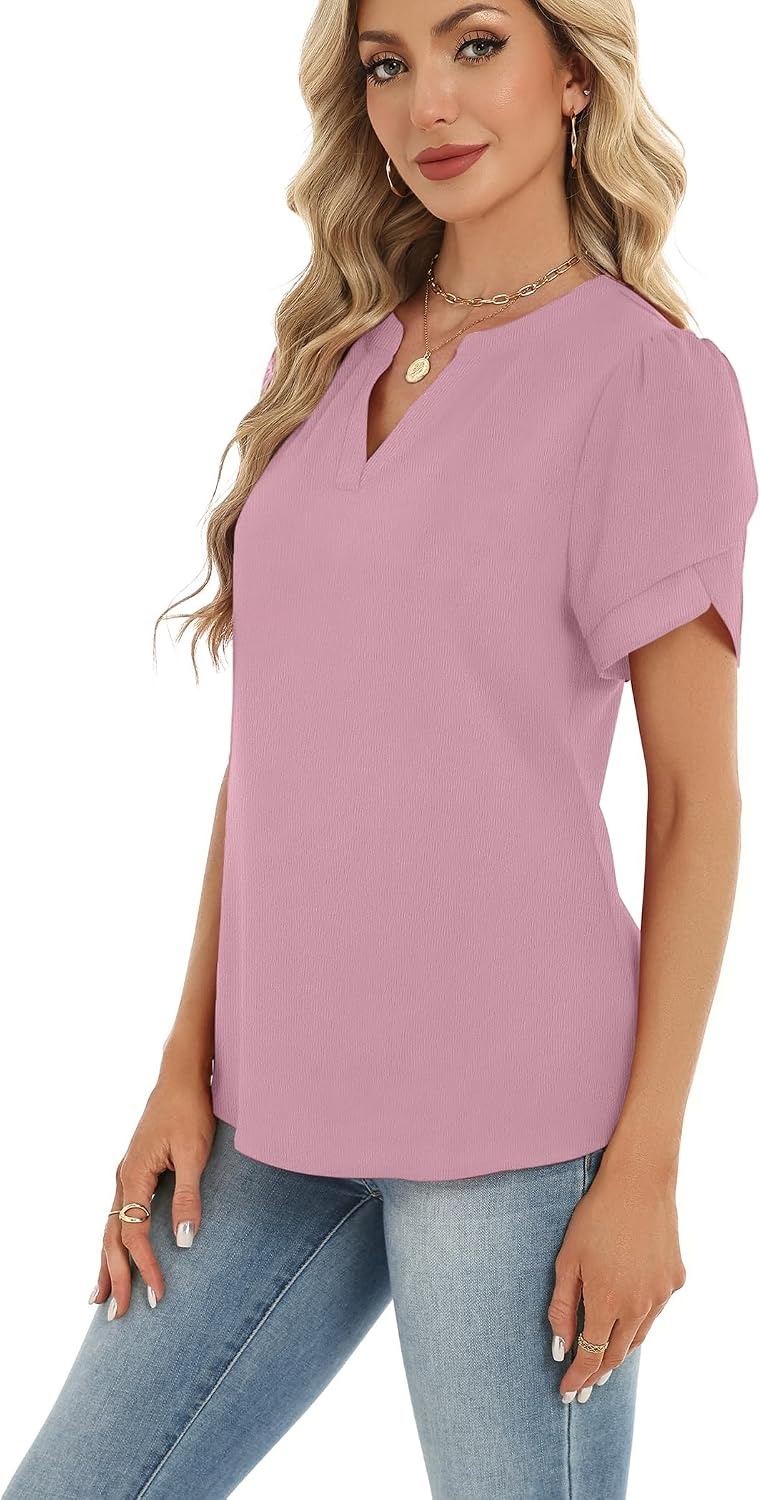 image:imageZeagoo Womens Dressy Casual Chffon Shirts Short Sleeve V Neck Work BlouseLight Pink