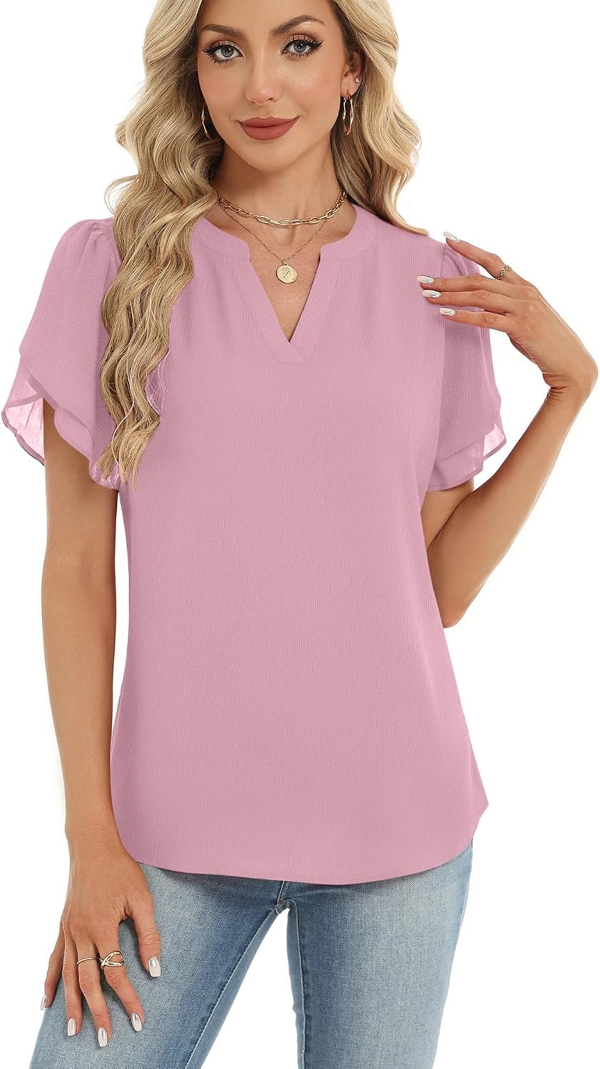 image:imageZeagoo Womens Dressy Casual Chffon Shirts Short Sleeve V Neck Work BlouseLight Pink