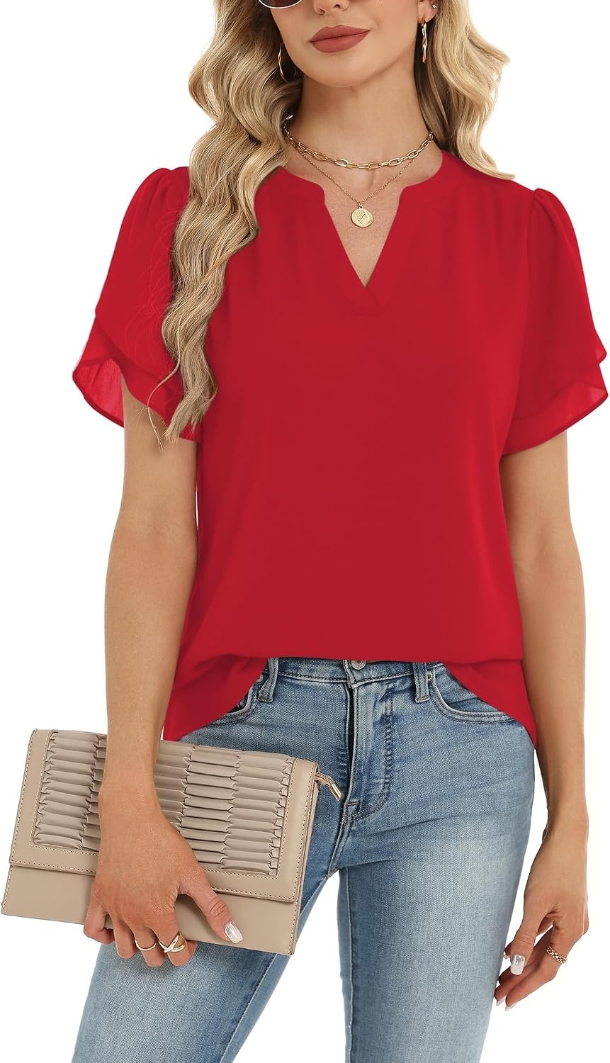image:imageZeagoo Womens Dressy Casual Chffon Shirts Short Sleeve V Neck Work BlouseRed