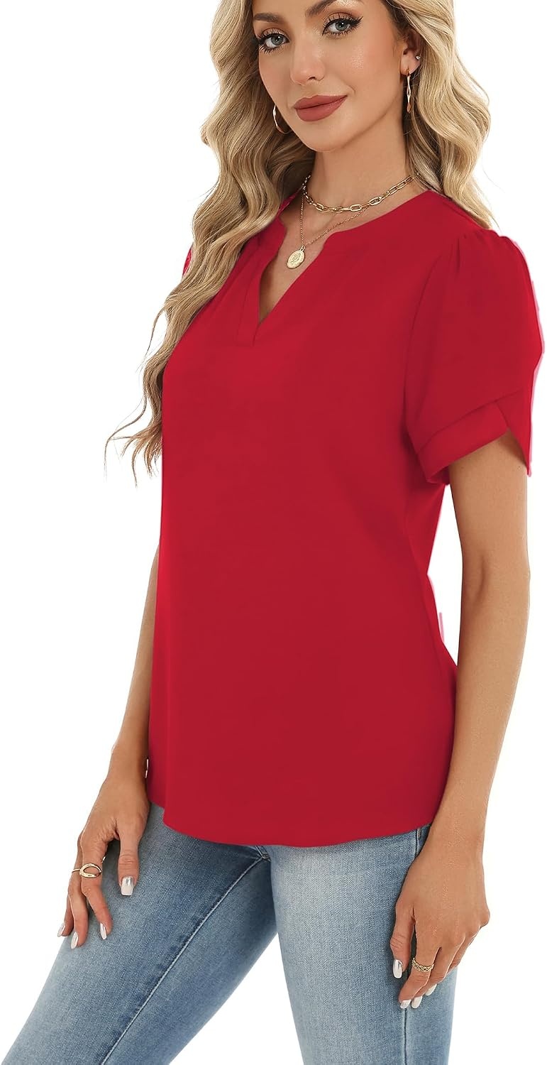 image:imageZeagoo Womens Dressy Casual Chffon Shirts Short Sleeve V Neck Work BlouseRed